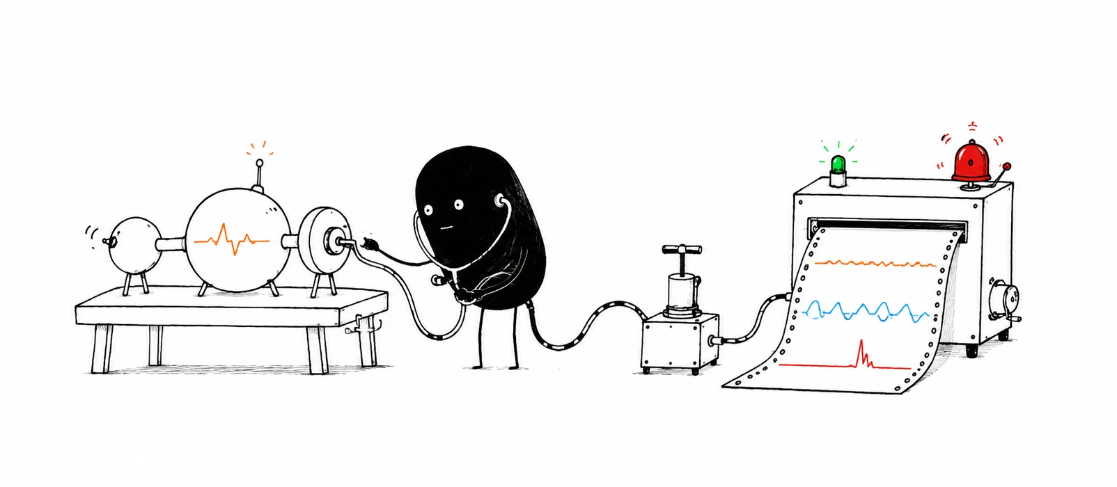 Eine handgezeichnete schwarze Figur überwacht mit einem Stethoskop eine Automatisierungsmaschine und ihre Metrikdiagramme