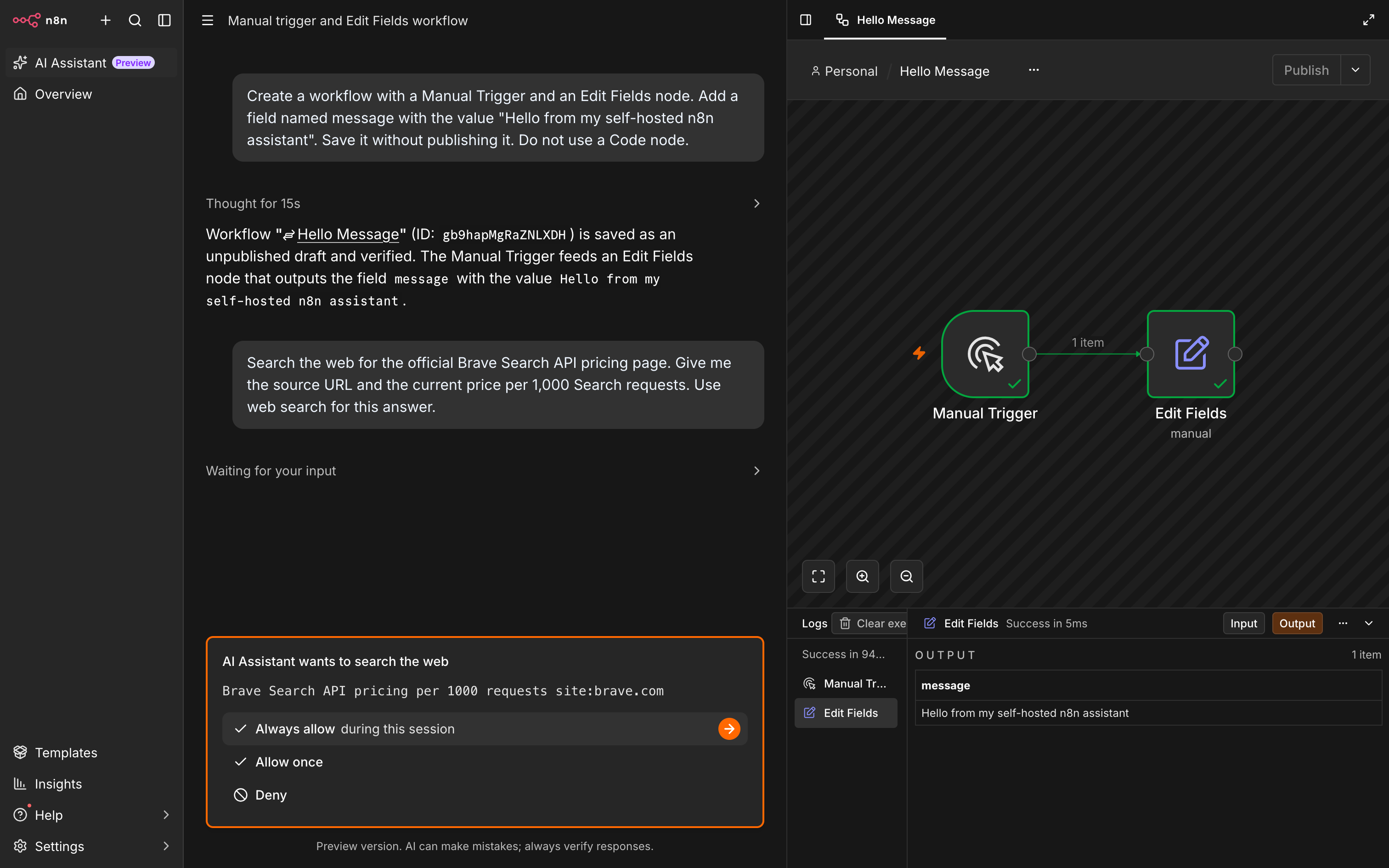 n8n AI Assistant fragt nach der Erlaubnis, das Web mit Brave Search zu durchsuchen