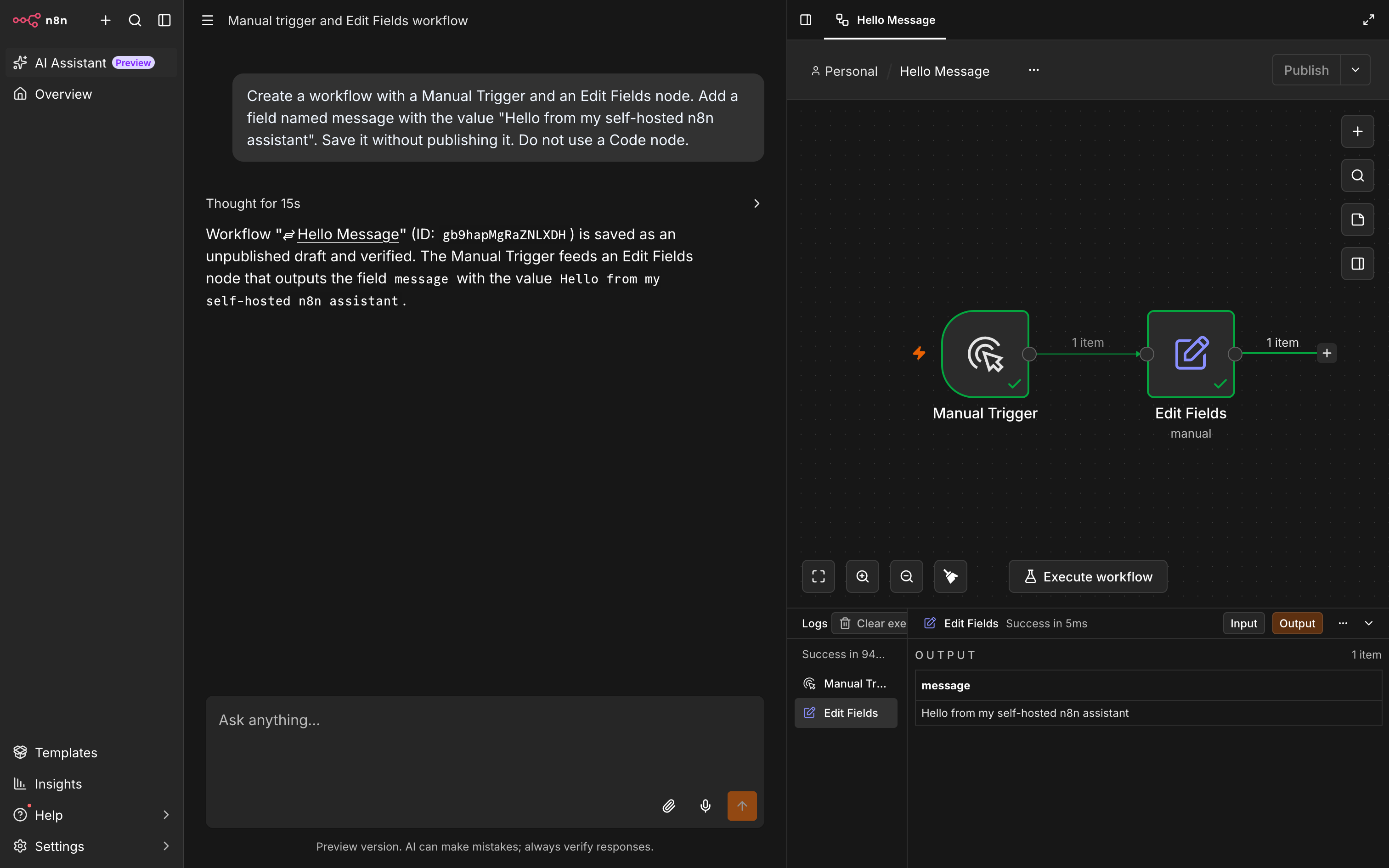 n8n AI Assistant mit generiertem Workflow aus Manual Trigger und Edit Fields sowie erfolgreicher Ausgabe