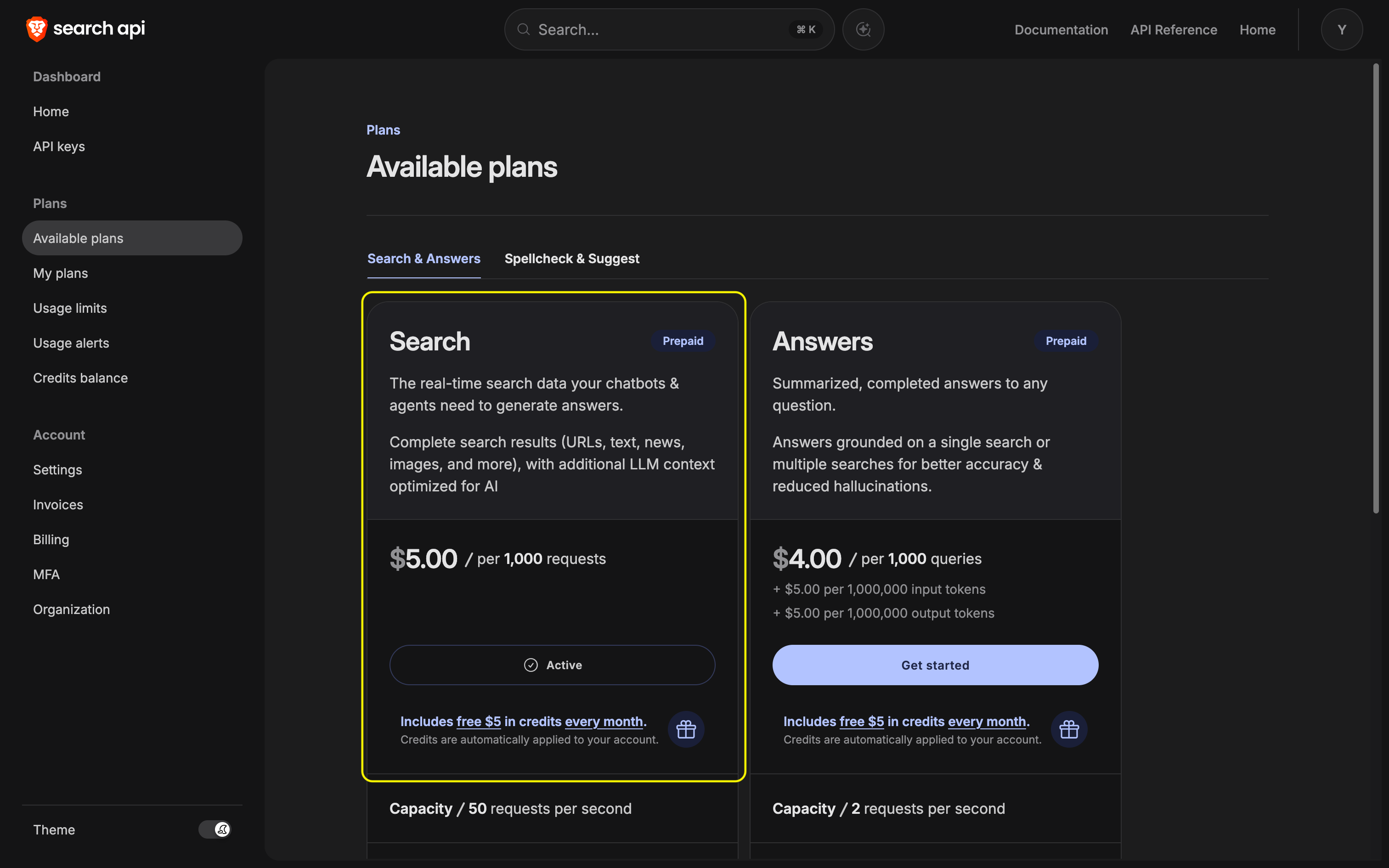 Brave-Search-API-Dashboard mit hervorgehobenem Search-Tarif