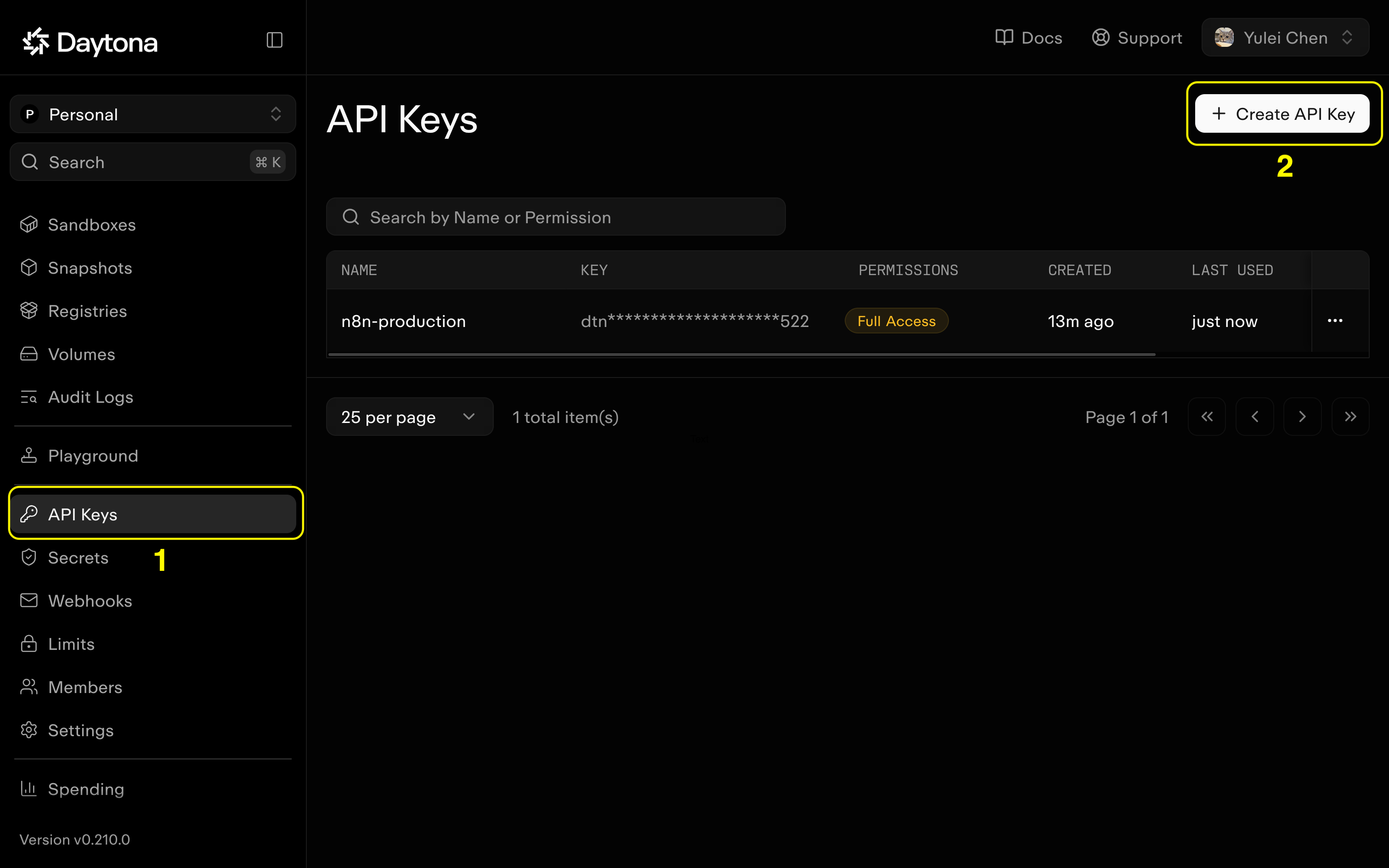 Daytona-Dashboard mit hervorgehobenen API Keys und der Schaltfläche Create API Key