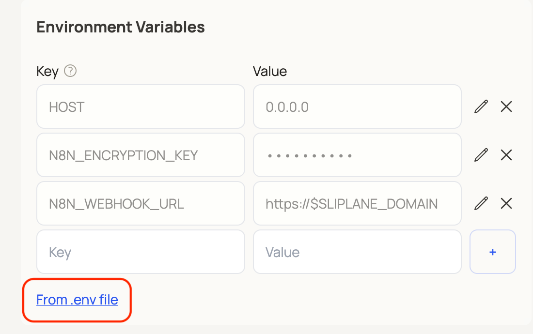 Umgebungsvariablen in Sliplane mit hervorgehobener Option From .env file für den Sammelimport