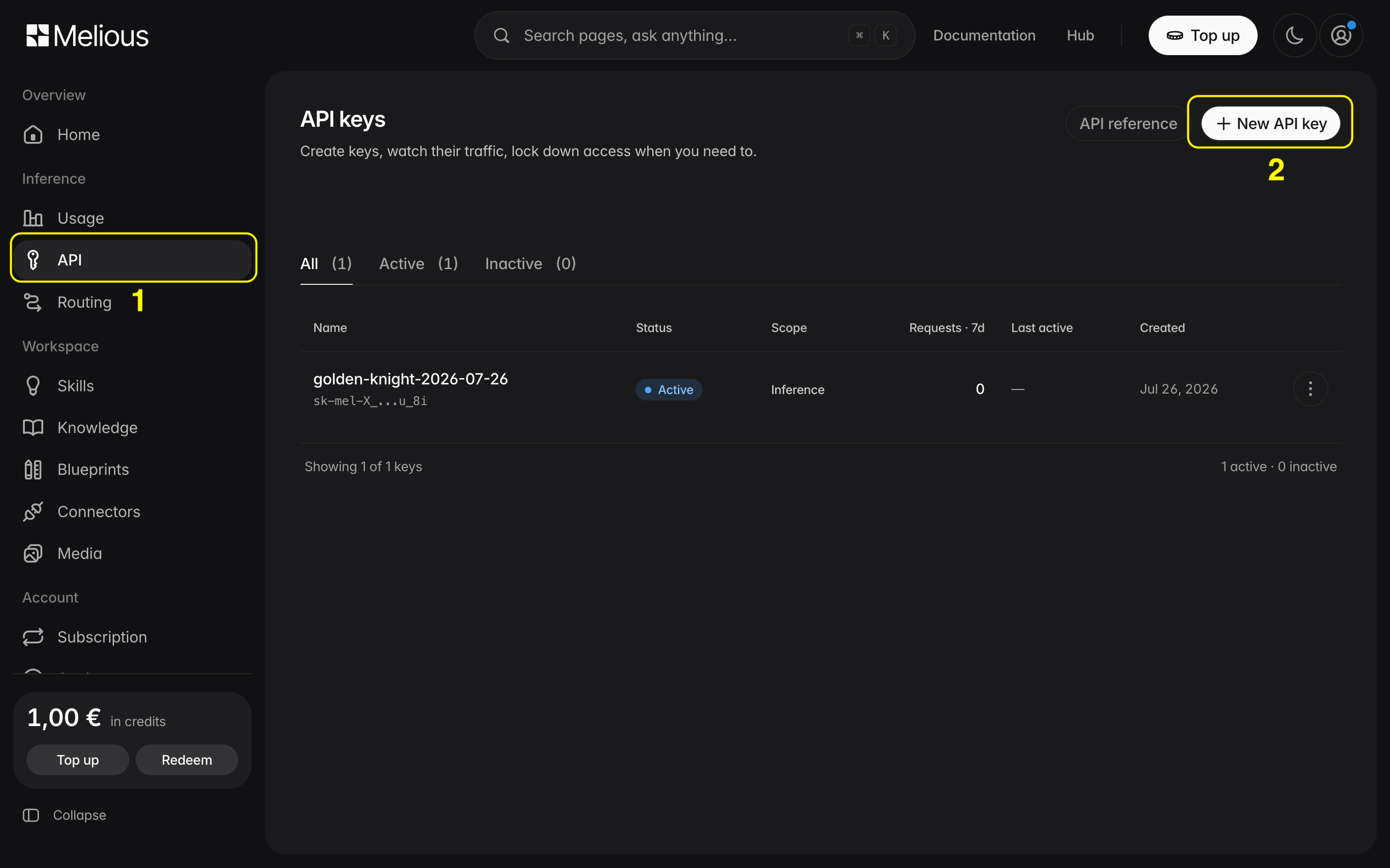 Melious-Dashboard mit hervorgehobenem API-Menü und der Schaltfläche New API key
